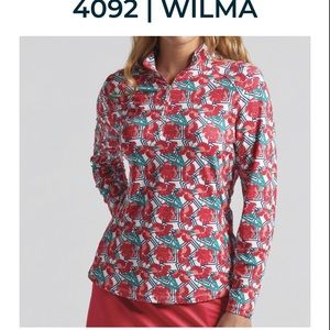 NWT Bermuda Sands Apparel Women’s Red and Green Patterned sun protection top.